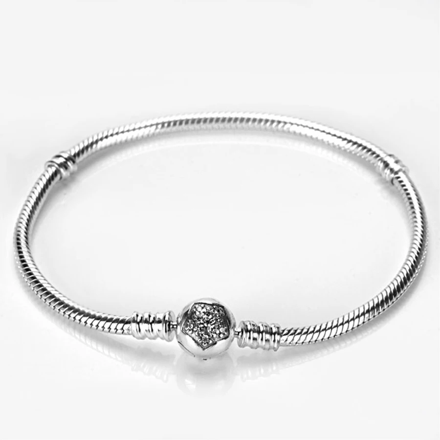 

925 Sterling Silver Charm Bracelets with Sparkling CZ Heart Clasp European Style Fit Original Silver 925 Beads for Women Gift