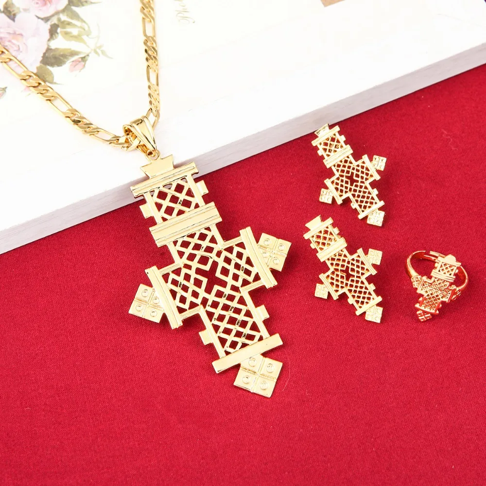 

Newest Ethiopian Jewelry Pendant Necklace Chain Earrings Ring Set Gold Color Coptic Crosses African Cross Wedding