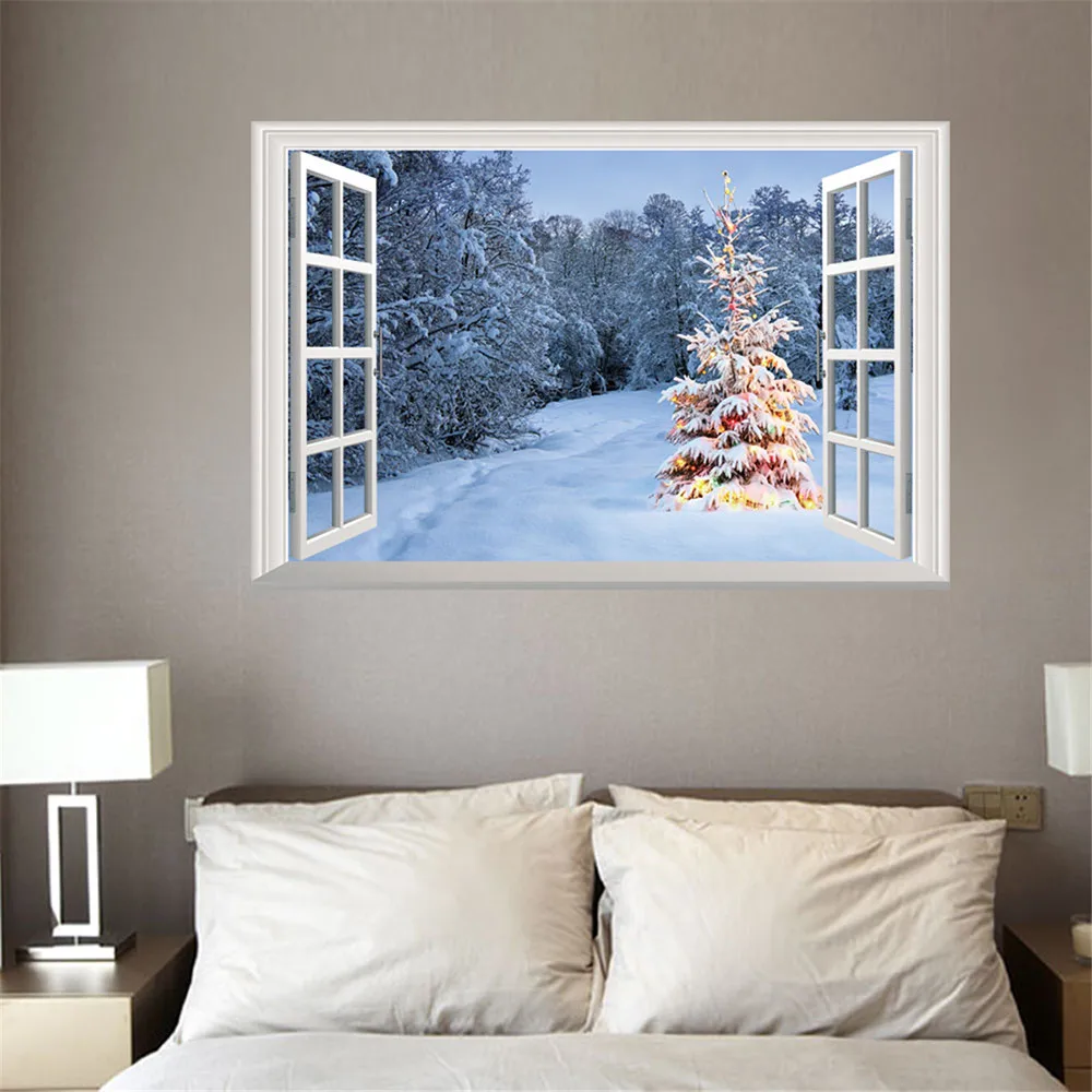 Merry Christmas 3D поддельные окна обои Санта Клаус Рождественская елка иллюстрация дома гостиная спальня арт деко стикер стены