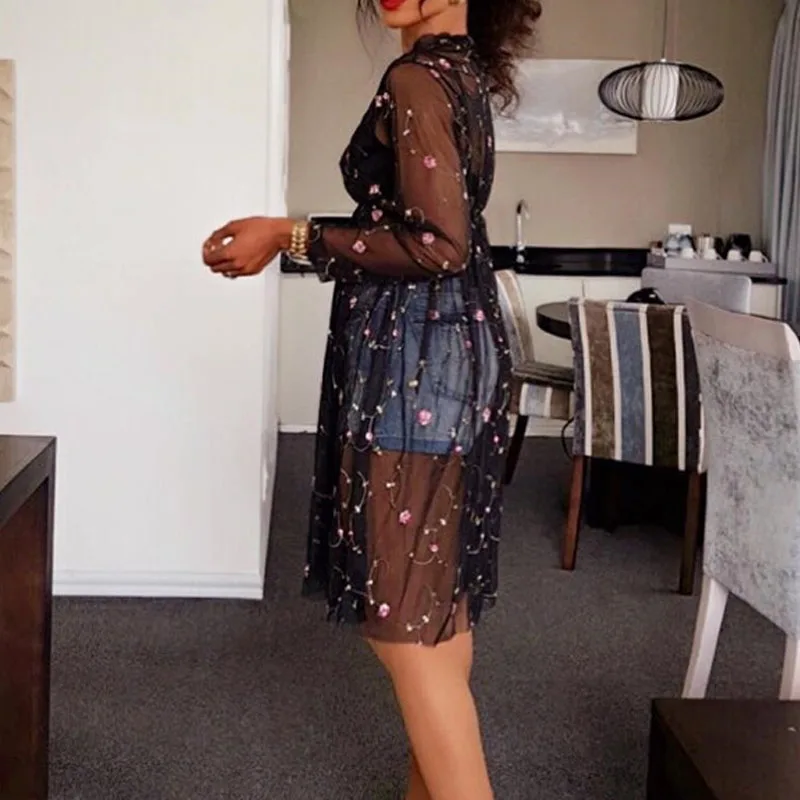 

NORMOV Summer 2019 Dress Women Mesh Floral Embroidery Long Sleeve Knee-Length A-Line Dress Sexy Sexy Party See Through Dress