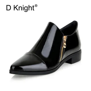 

Fashion Pointed Toe Slip-on Women Loafers Zip Solid Women Patent Leather Flats Casual Flat Oxford Shoes England Style Oxfords