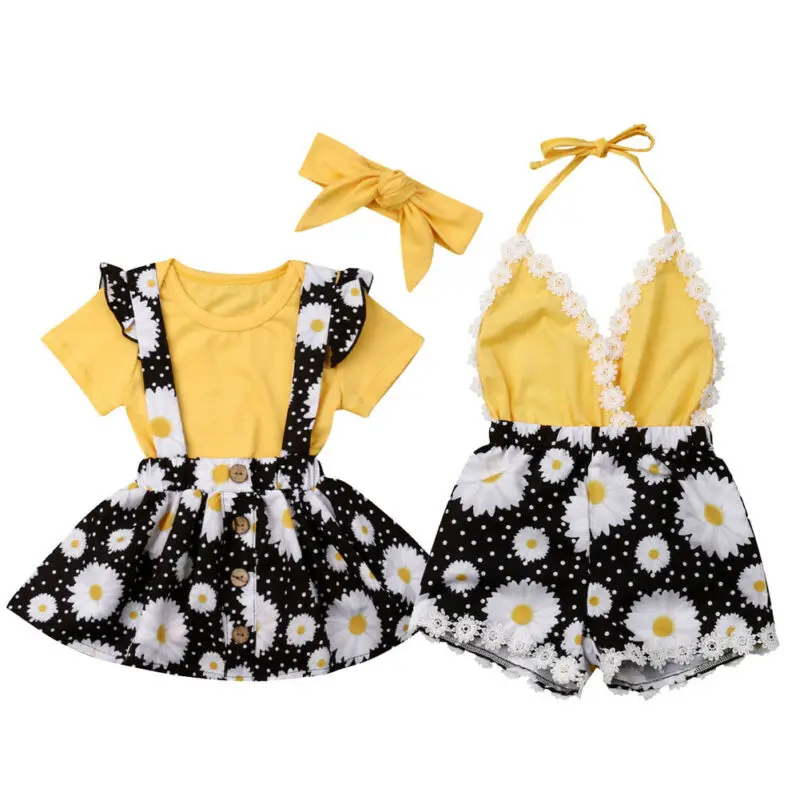 

2019 Baby Summer Clothing Newborn Toddler Baby Girl Sister Matching Sets Jumpsuit Romper Dress Lace Patchwork Sunflower Outfit