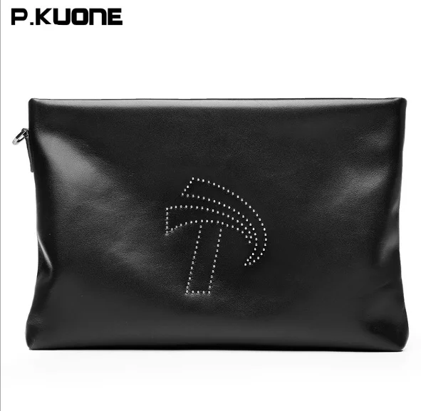 

2017 New P.Kuone Solid Design Men Genuine Leather Casual File Handbag Men Cowhide Envelope Ipad Bag Men's Day Clutches Purse