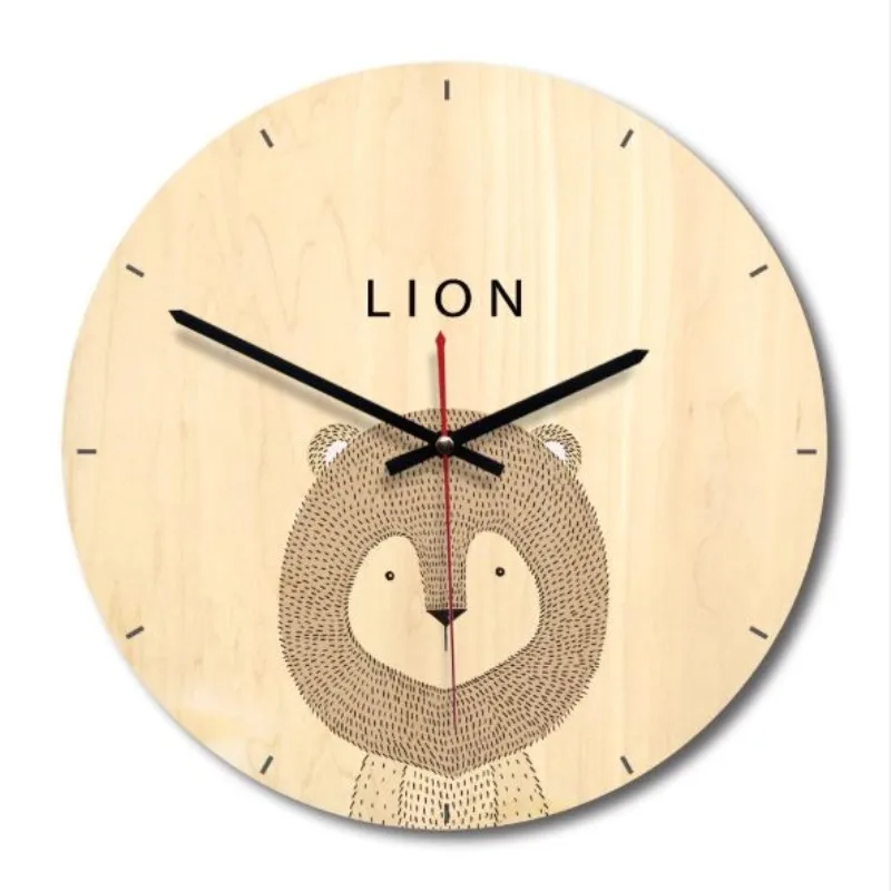 Современный дизайн декоративные настенные часы DIY Европейский мультфильм деревянные настенные часы 3D настенные часы для детской комнаты гостиной лиса/кролик - Цвет: LION WALL CLOCK