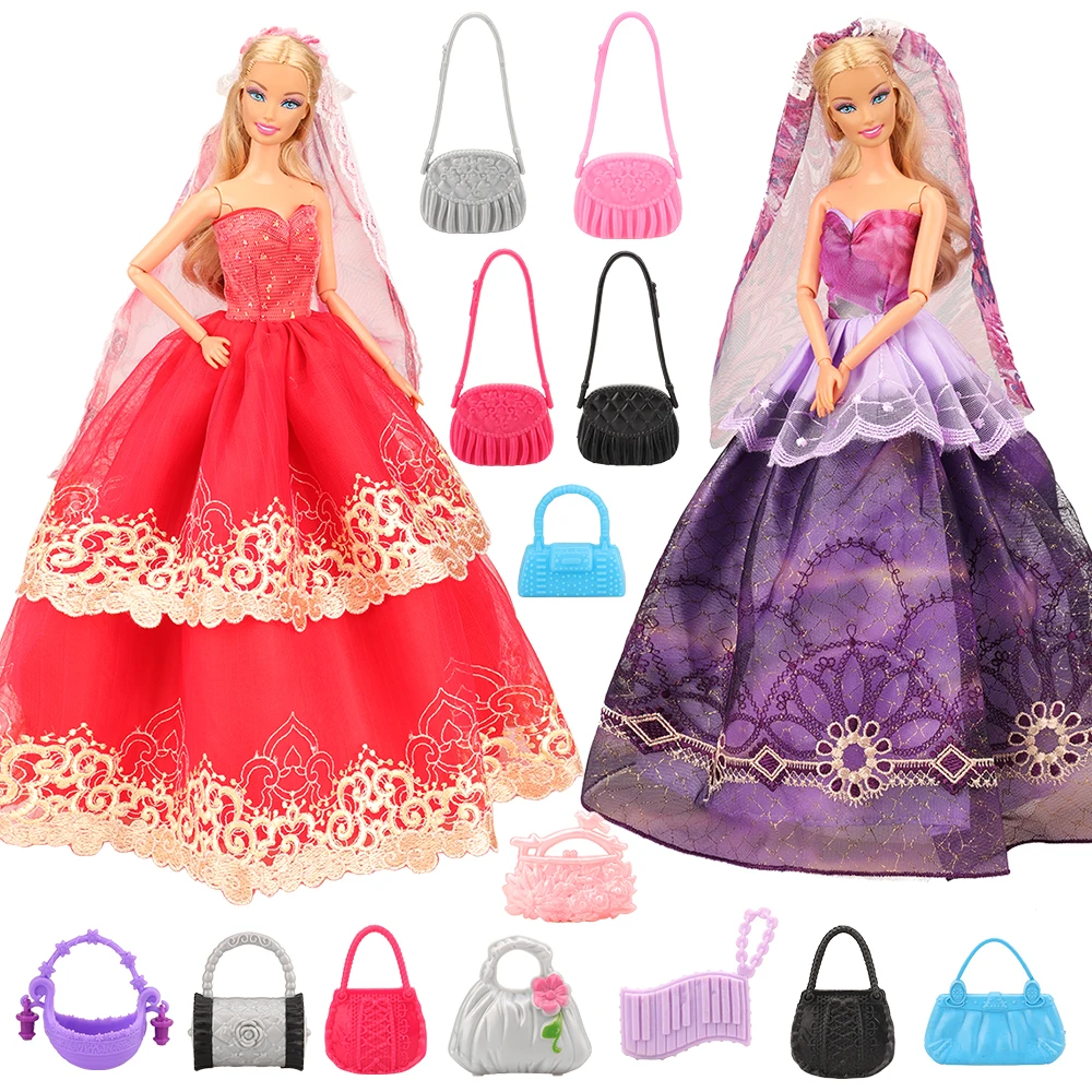 

12 Items/lot Doll Accessories=2 Dresses With Veil Event Party long Tail Dress +10 random Pick Bags For Barbie Doll Toy Best Gift