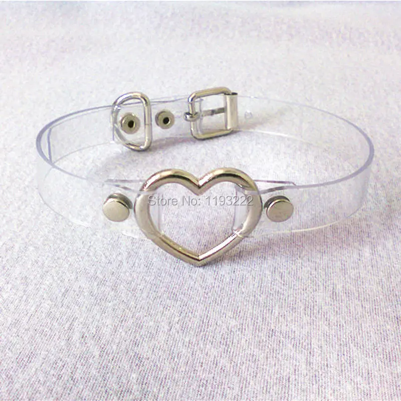

Kawaii Punk Clear Transparent Vinly Silver Gold Heart Choker Necklace, Handmade Charm Sweet Heart Metal Buckle Belt Necklace