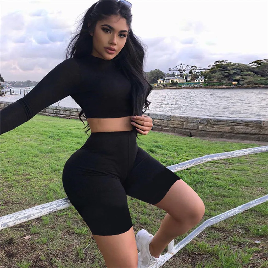 

Women Casual Summer O-Neck Short women's suit Sexy Two Piece Set Women Set Crop Tops Shorts Sweat Suits 2 Pcs Tracksuit #422
