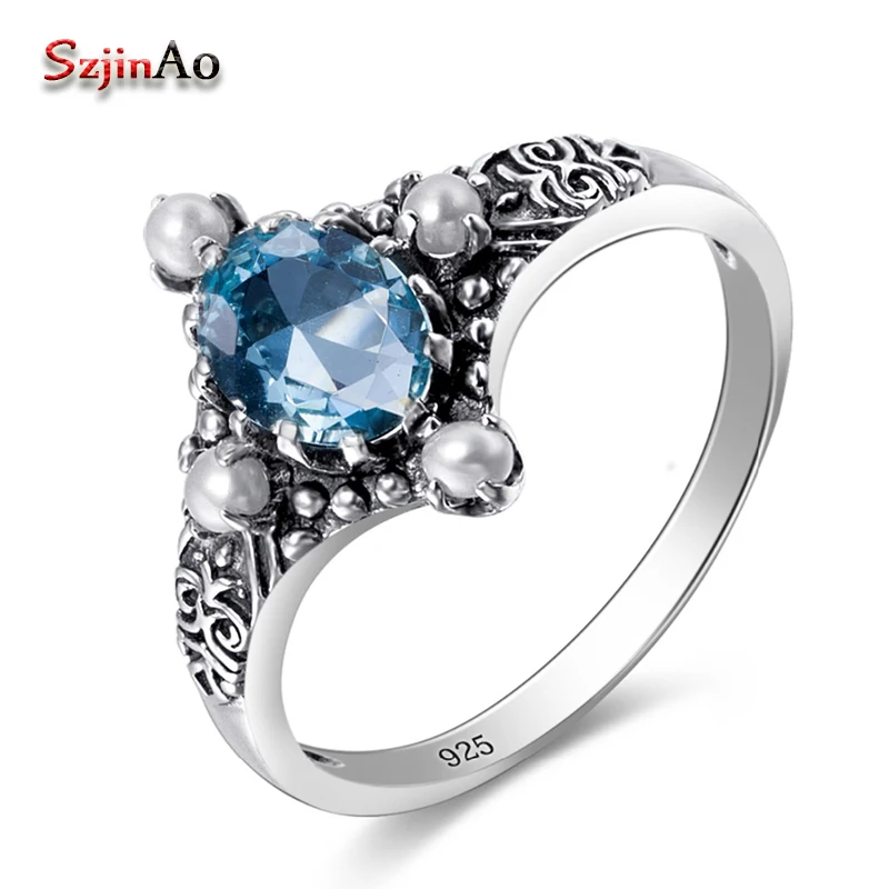 Szjinao Freshwater Pearl Ring Aquamarine Jewelry 925 Sterling Silver Rings for Women Vintage Wedding Decoration Wholesale