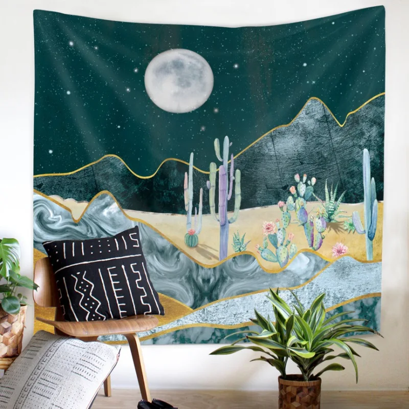 

Cactus Under the Moon Tapestry Polyester Fabric Hippie Bohemian Print Home Decor Wall Hanging Tapestry Beach Throw Blanket