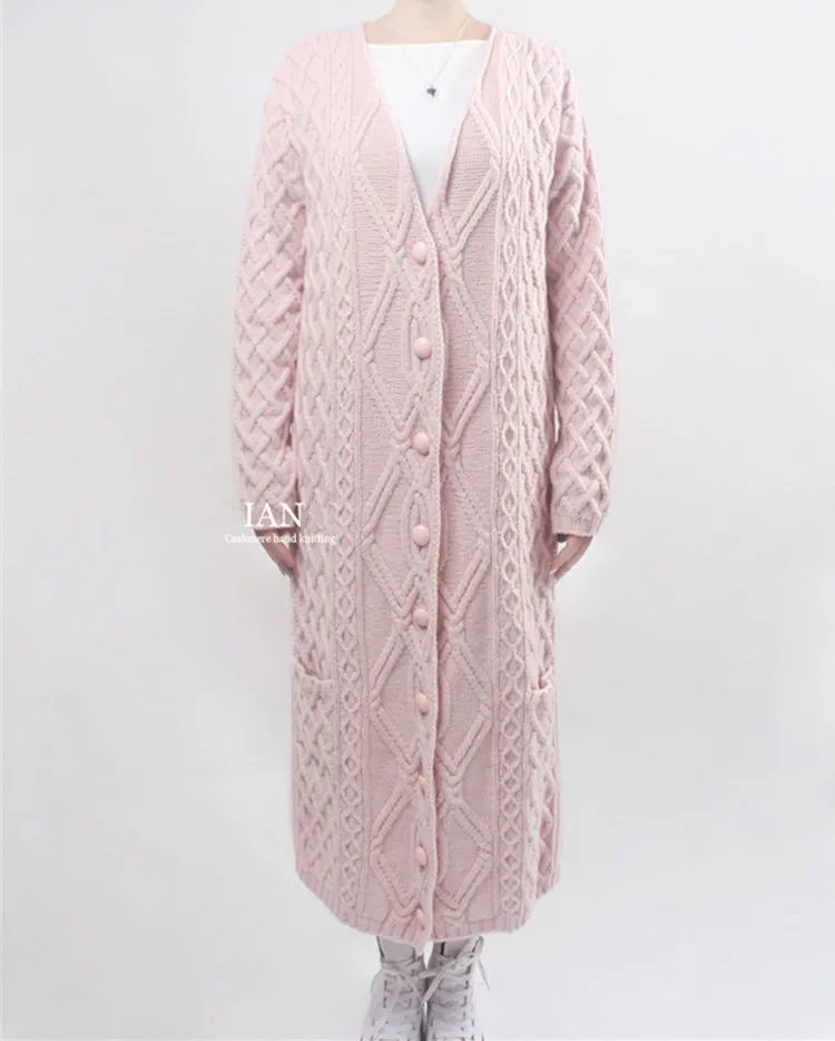  high grade 100% cashmere women fashion hand made long cardigan sweater overcoat pink S/155-XL/170 w
