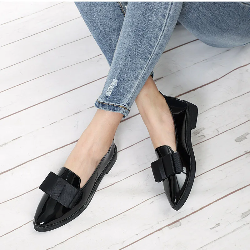 Dropshipping Women Shoes Bowtie Flats Patent Leather Elegant Low Heels Slip On Footwear Female Pointed Toe Thick Heel XXZ04