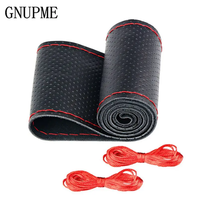 

GNUPME DIY Universal Car Steering Wheel Cover Genuine Leather Cowhide Hand Sewing with Needle and Thread Red Gray Anti-slip