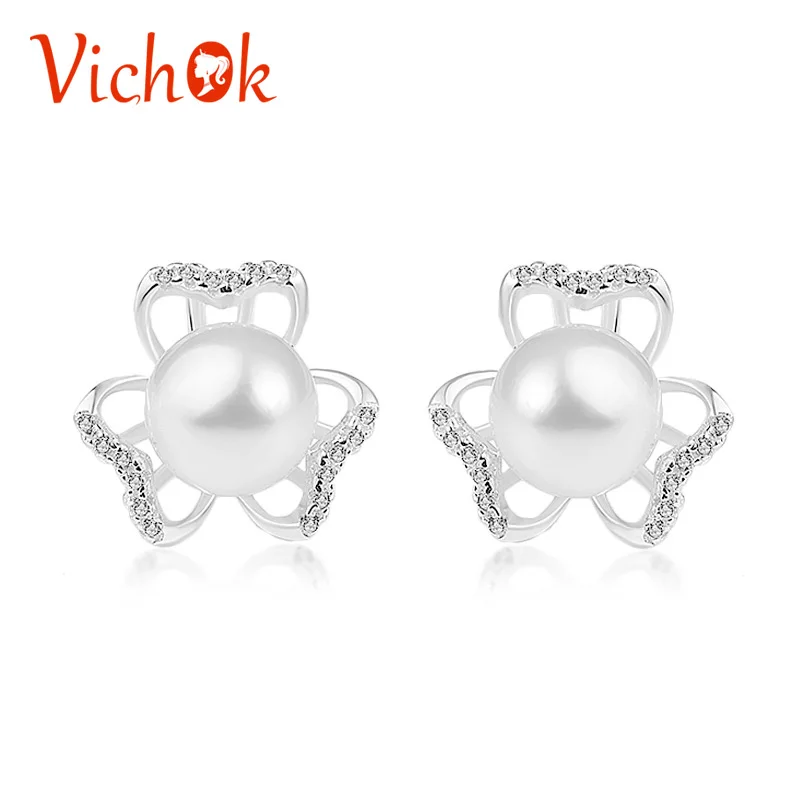 

VICHOK New Fashion Stud Earrings For Women 925 Sterling Silver Pearl Earrings Luxury Jewelry Wedding Gifts Female Platinum