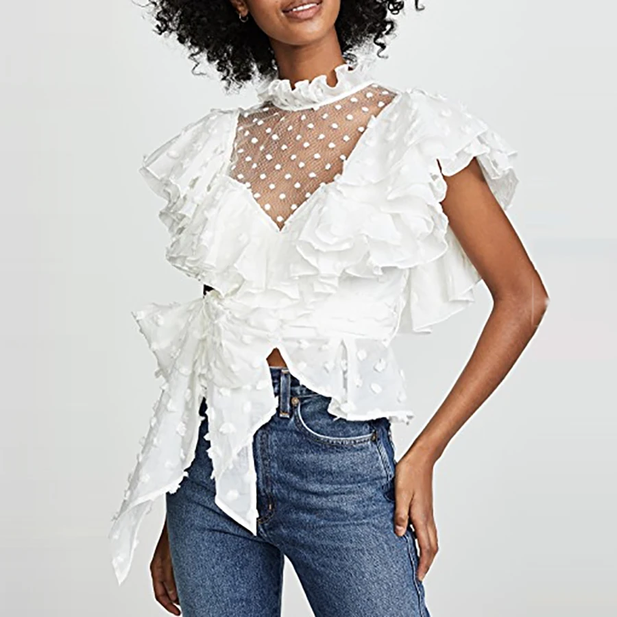 

2019 Summer Solid White Elegant Blouse Lace Hollow Out Polka Dot Drawstring Bow Casual Shirt Perspective Sexy Women Top