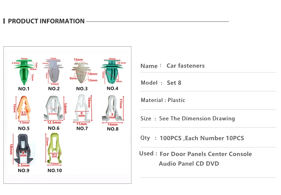 100 шт, разные универсальные 5 мм, 6 мм, 7 мм, 8 мм, 9 мм, 10 мм, автомобильные крепления из пластика, зажимы для всех автомобилей, винтовые заклепки