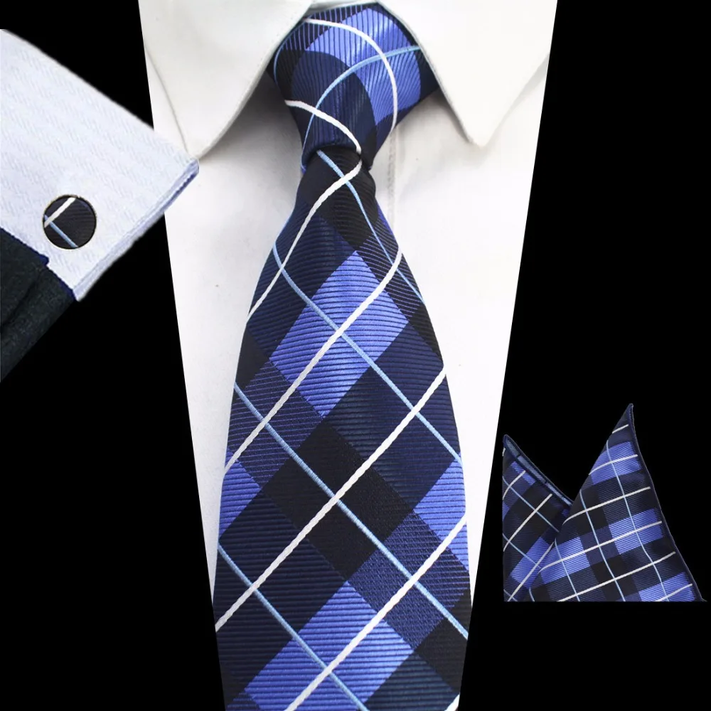 GUSLESON 8cm Plaid Striped Tie Set Jacquard Woven Mens Necktie Hanky Cufflinks For Wedding Party