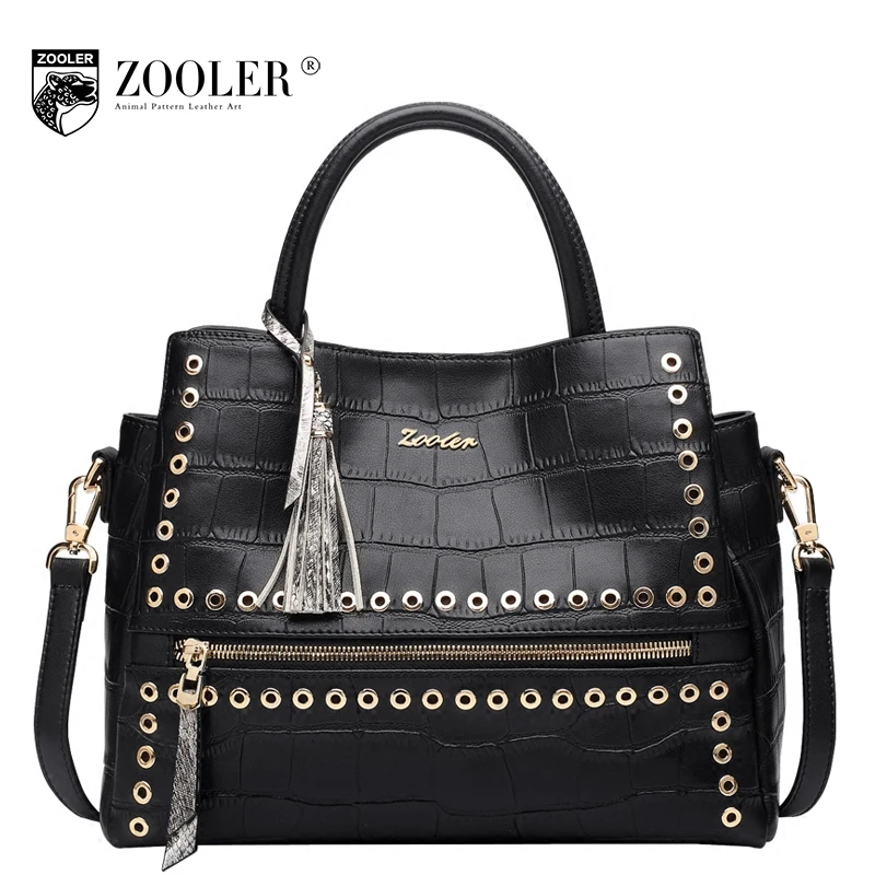 

ZOOLER 2017 New Female Genuine Leather Handbag Fringed Rivet Crocodile Pattern Handbags Fashion Large Capacity Tote Shoulder Bag