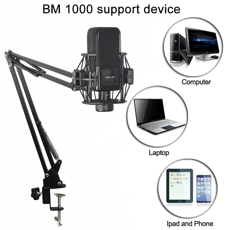 FELYBY BM1000 конденсаторный микрофон для компьютера/ноутбука/ПК Запись микрофона студии караоке микрофон с держателем микрофона