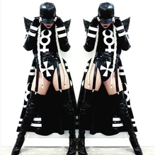 New Sexy Nightclub Clothes Female Girl Black Long Clock Jakcet Bodysuit Dj Singer Costumes Women Hip Hop Jazz Dance Costume