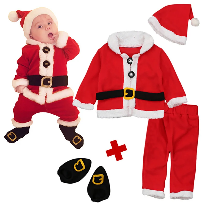 

Christmas Santa Dress Up 4pcs Baby Set Baby Girls Boy Clothes Infant Newborn Long Sleeve Coat+Hat+ Long Pants+sock Clothing Sets