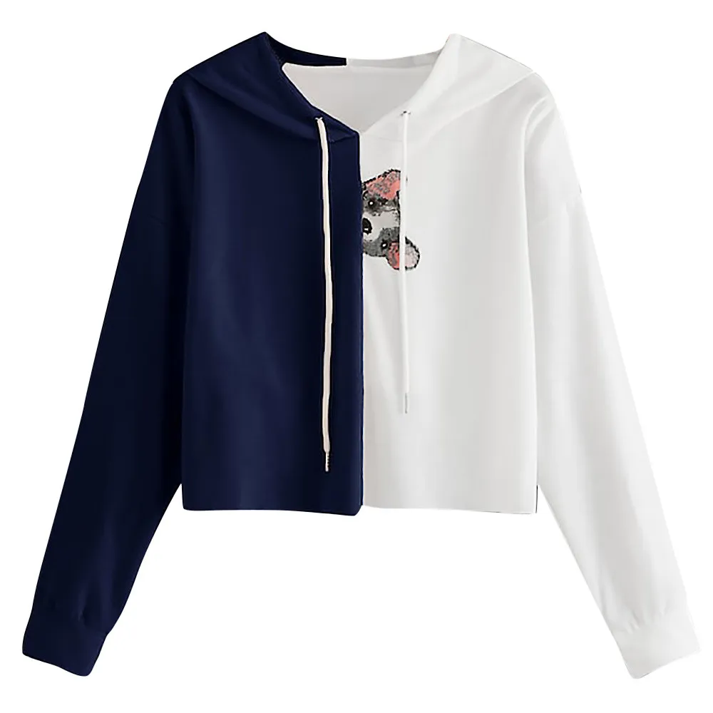 

2018 Autumn Hoodie Fashion Women Color Block Dog Animal Print Drawstring Sweatshirt Womens Hooded Hoodies Blouse sudadera mujer