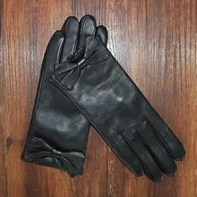 Women’s fashion 100% Genuine leather gloves lady’s winter thermal sheepskin leather gloves female black bow gloves