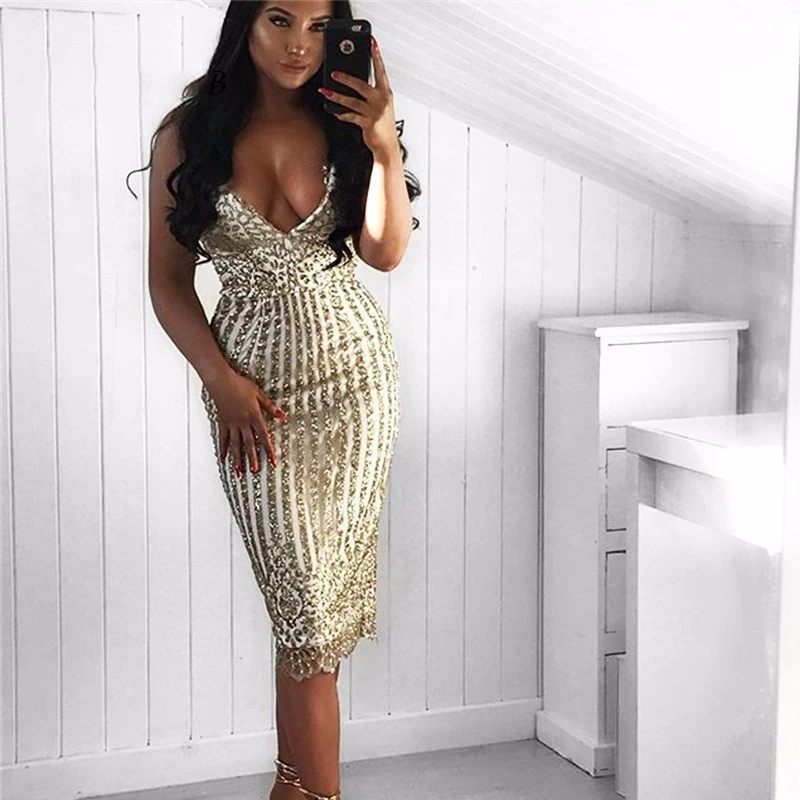 

Ohvera Strap Sequin Bodycon Dress Women Night Club Party Dress Sexy Deep V Neck Backless Midi Dresses Summer 2018 Vestidos