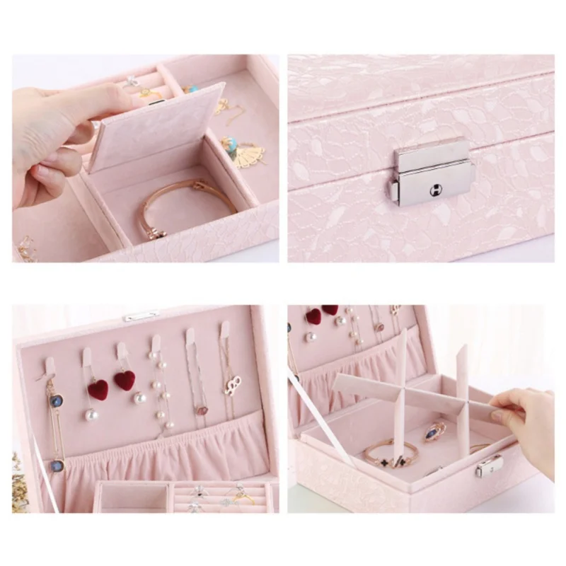 Jewelry Storage Case Organizer Box with Lock for Earrings Bracelets Rings Necklace Dual-Layers PU Leather New