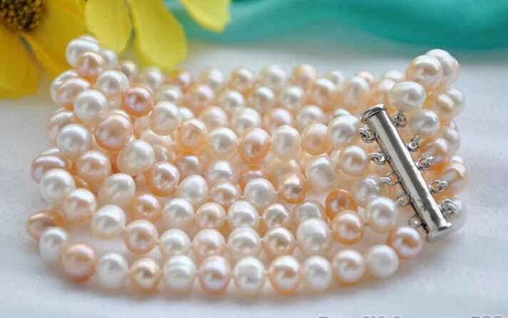 

z6171 5strands 8mm round pink white freshwater pearl bracelet 8inch @^Noble style Natural Fine jewe SHIPPING new >>free shipping
