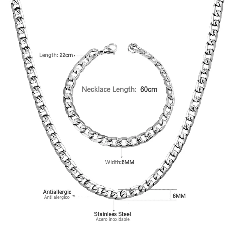 LUXUSTEEL,, цепочка, ювелирные наборы, ширина 6 мм/8 мм/10 мм, длина 50 см/55 см/60 см, серебро/смешанные цвета, ожерелье, браслеты, Наборы для мужчин - Окраска металла: 6mm 60cm silver