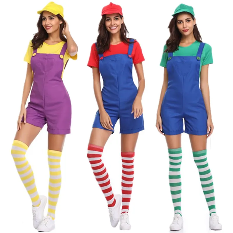

Women's Super Mario Costume With Hat and Sock Adult Mario Bros Plumber Costumes Halloween Party Cosplay Jumpsuit
