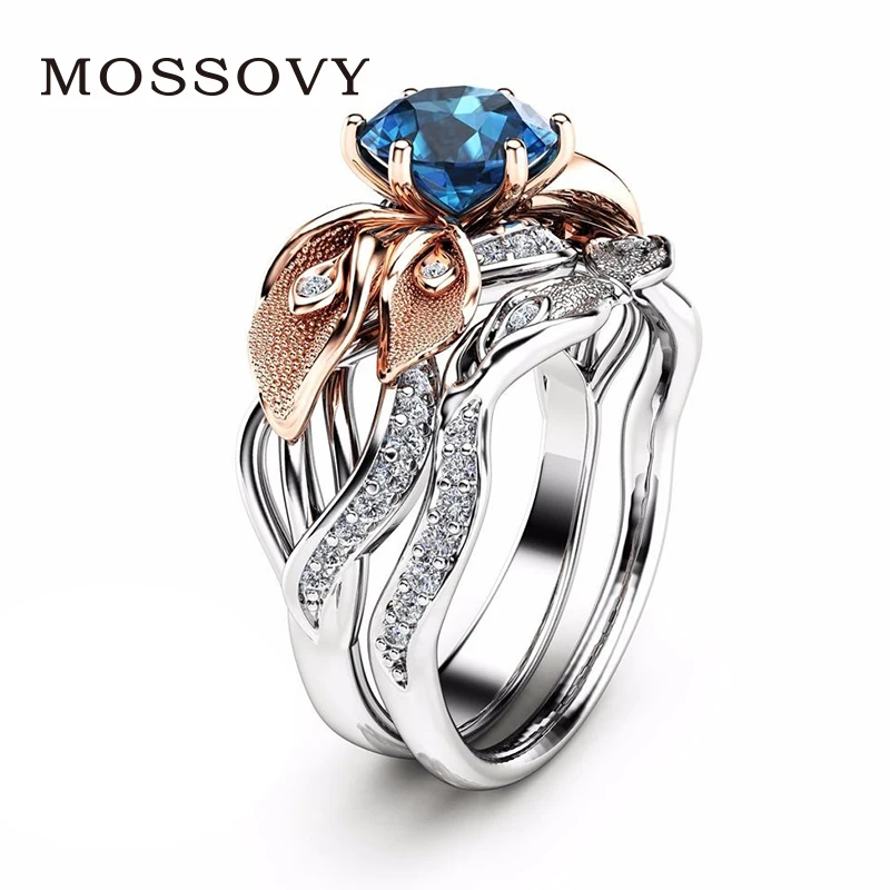 Mossovy Silver Rose Gold couple Ring Wedding Rings for Women Cubic Zirconia Engagement Ring Blue Zircon Bague Anillos Mujer