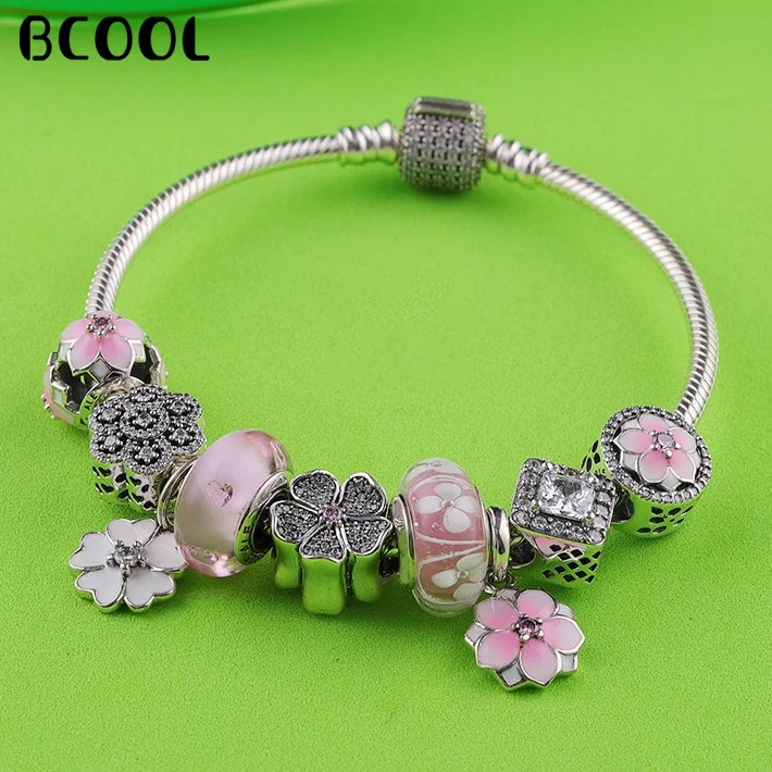 

BCOOL DIY Jewelry Female Charm Fashion Silver 925 Original Bracelet, Crystal Bead Charm Magnolia Bracelet Jewelry Gift
