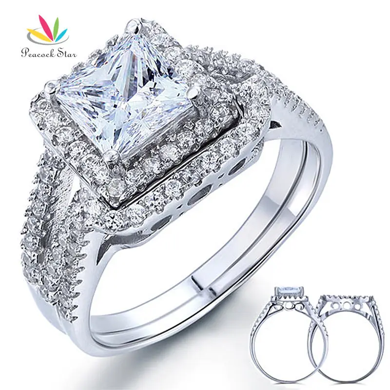 

Peacock Star 1.5 Carat Princess Solid 925 Sterling Silver Wedding Promise Engagement Ring Set CFR8141