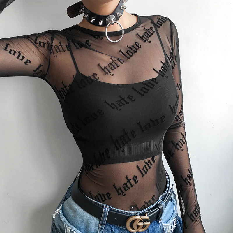 

Rockmore Women Sexy Summer Tops Tee Shirt Female Hollow Out Black Letter Tshirt Women See Trough Long Sleeve Streetwear