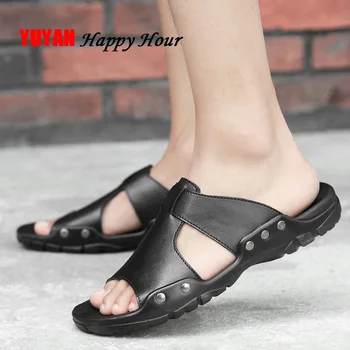 

Genuine Leather Sandals Men Summer Shoes Flat Beach Slippers Cow Leather Men Sandals Black Summer Slippers KA750