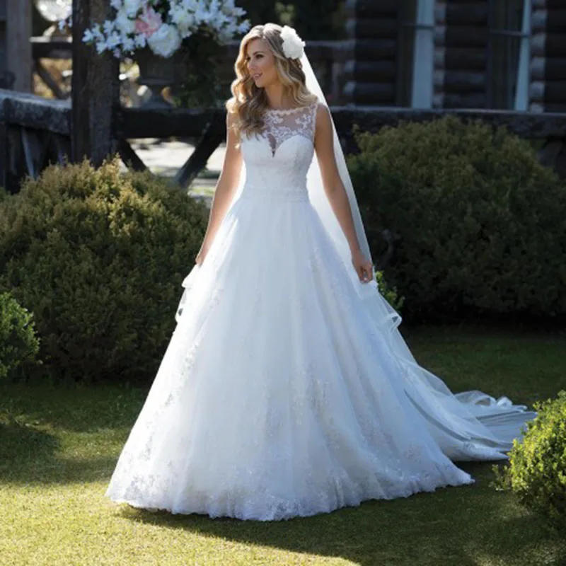 

Eightale Princess Wedding Dress O-Neck Appliques Lace Wedding Gowns 2019 A-Line Custom Made Elegant Bride Dresses