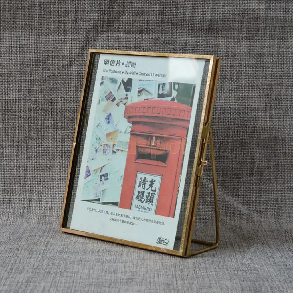 

Antique Brass Glass Picture Photo Frame Portrait Free Stand 3.5 x 5 in