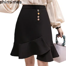 Shintimes весна и осень новая юбка с высокой талией Женская корейская модная русалка юбка черная хлопковая офисная юбка женская