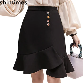 

Shintimes Spring And Autumn The New High Waist Skirt Womens 2019 Korean Fashion Mermaid Skirt Black Cotton Office Skirts Womens