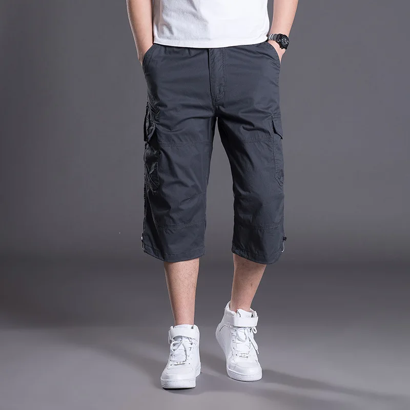 

Summer Men's Baggy Multi Pocket Zipper Cargo Shorts Breeches Male Long Army Green Khaki Men Tool Work Short Bermuda Big Size 5XL