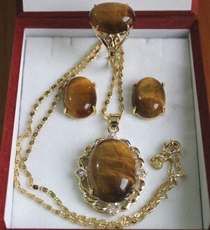 

Free shipping 508 Fashion 13*18mm Tiger Eye Stone Ring Earrings Pendant Jewelry Set