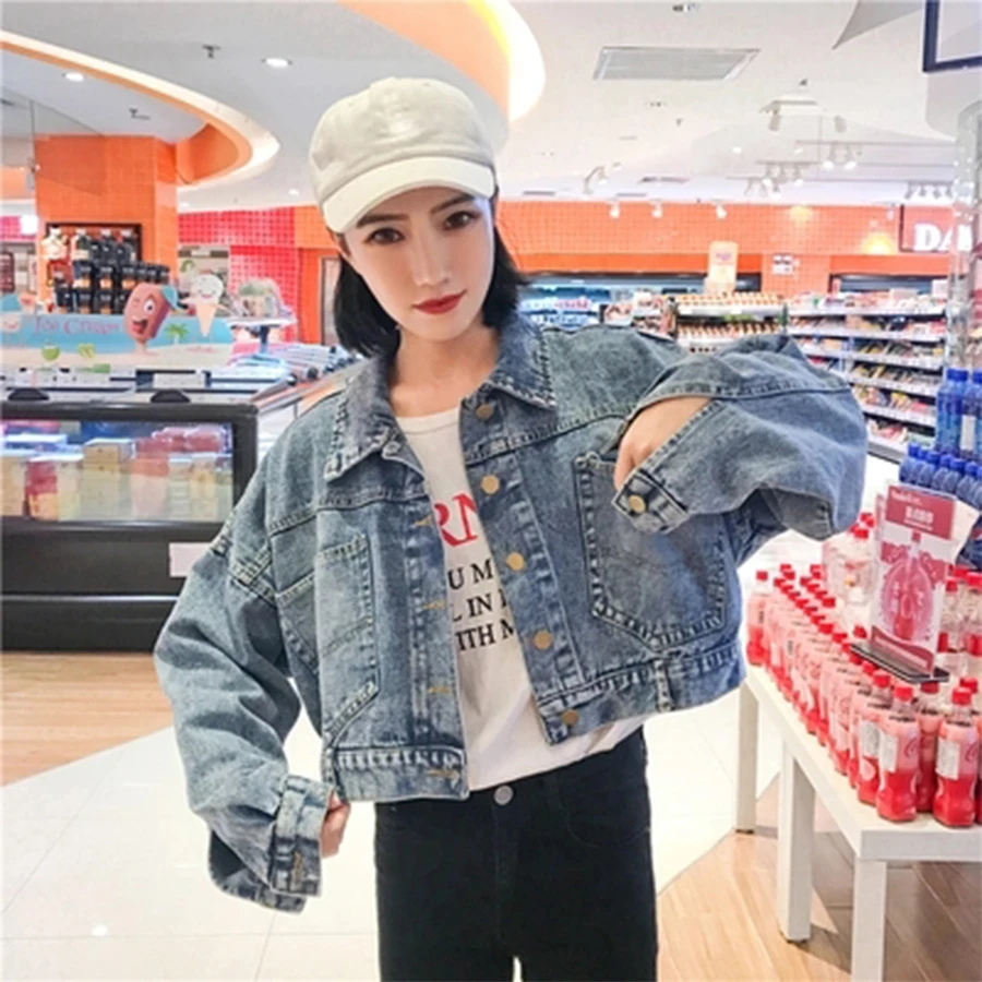 

Women Lapel Short Denim Jacket Single Breasted Vintage Style Soild Loose Long Sleeve Korean Female Outerwear Thin Casual New2018