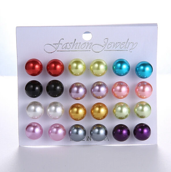

Fashion Jewelry 1card= 12 pairs White Pink Simulated Pearl Stud Earrings For Women Boucle d'Oreille Pendiente-Jewelry