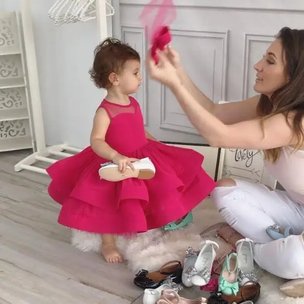 Пышное вечернее платье цвета фуксии с цветочным узором для девочек; вечерние бальные платья до колена; детское многослойное фатиновое платье для дня рождения с головной убор