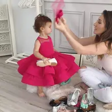 Пышное вечернее платье цвета фуксии с цветочным узором для девочек; вечерние бальные платья до колена; детское многослойное фатиновое платье для дня рождения с головной убор