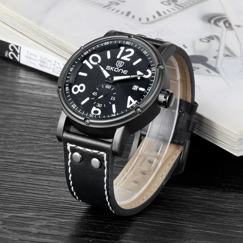 SKONE Brand Men's Military Watches Large Dial Big Digit Personality Second Hand Leather Wristwatch