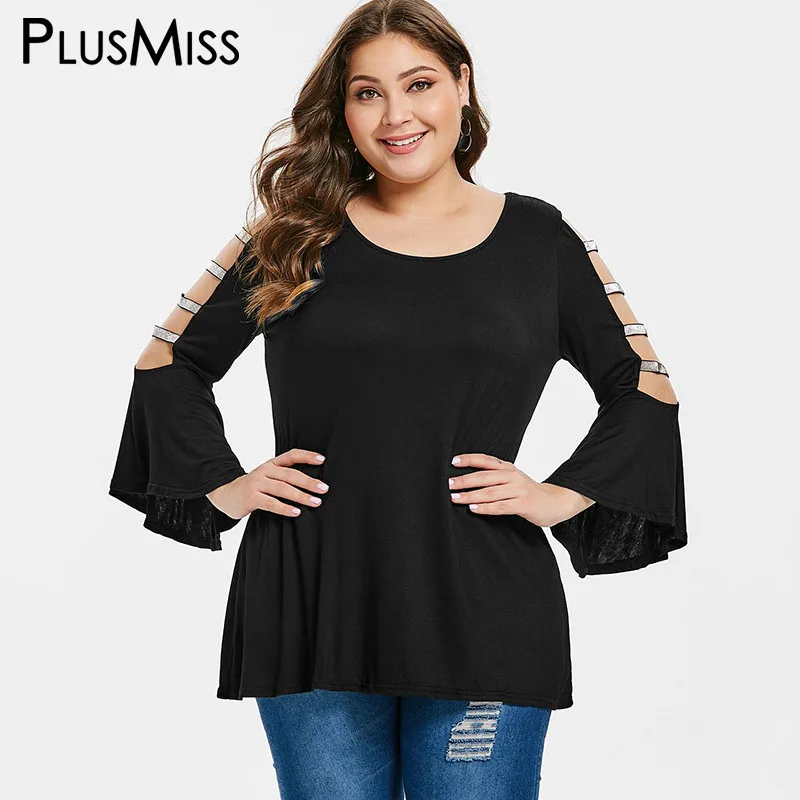 PlusMiss плюс размер 5XL блесток холодное Открытое плечо с расклешенными рукавами
