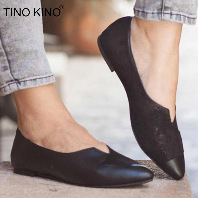 

TINO KINO Women Spring Casual Flat Loafers Slip On Ponited Toe Boats Female Shallow Patchwork Shoes Comfort Breath Single Ladies