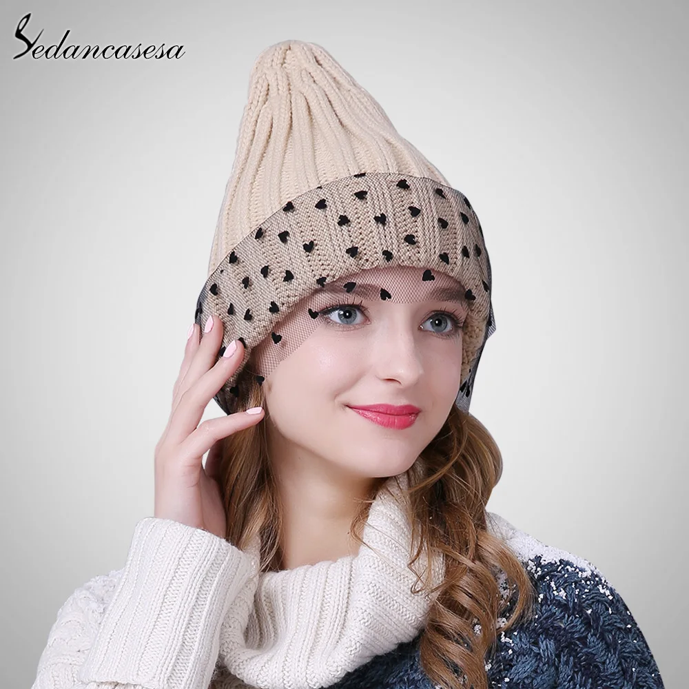 

Sedancasesa New Women Knitted Hats Korean Autumn Winter Hats Warm Beanie caps with Cute Veil Feamle Christmas AA150046